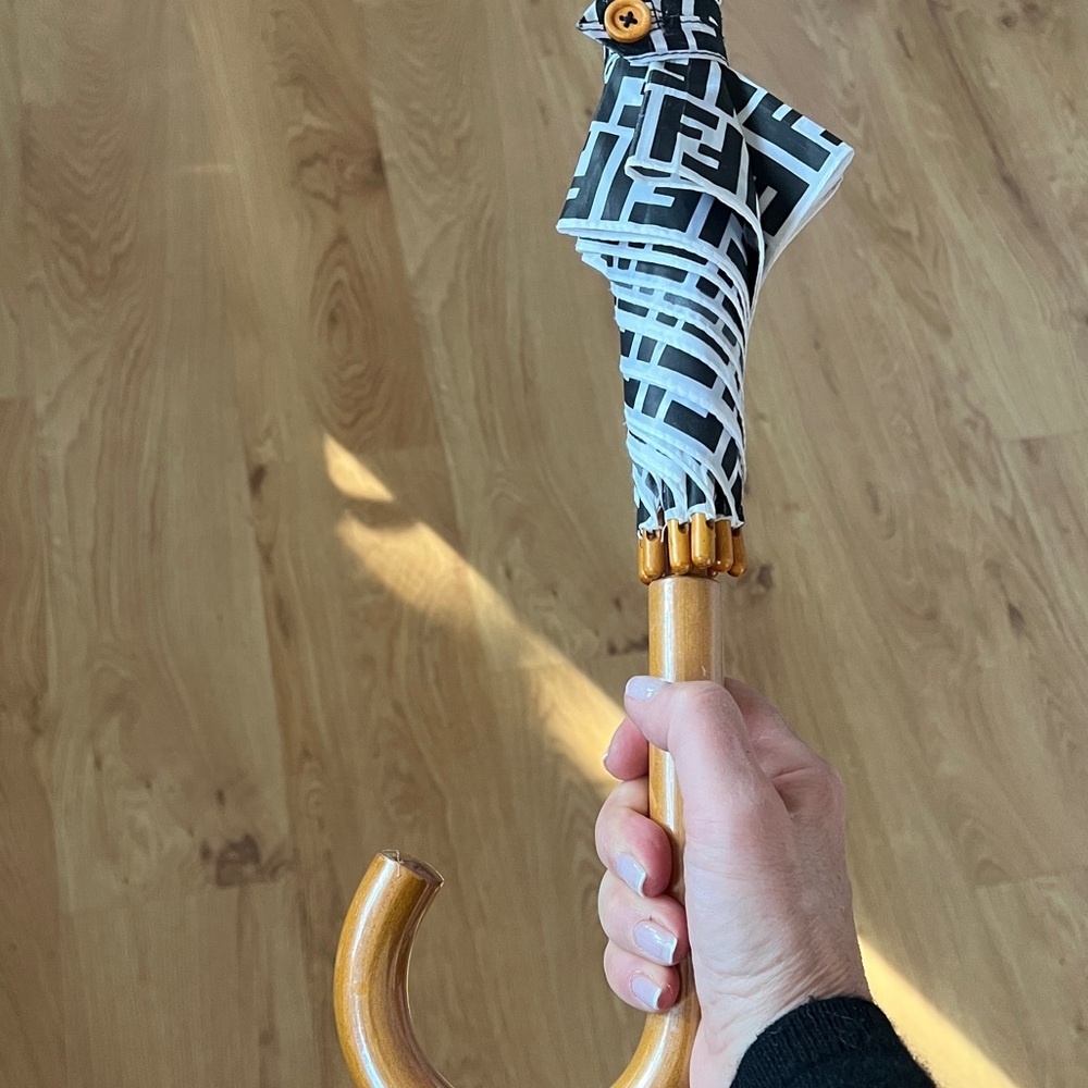 Fendi Zucca Vintage White and Black Nylon and Wood Copper Hardware Umbrella - Picture 8 of 10